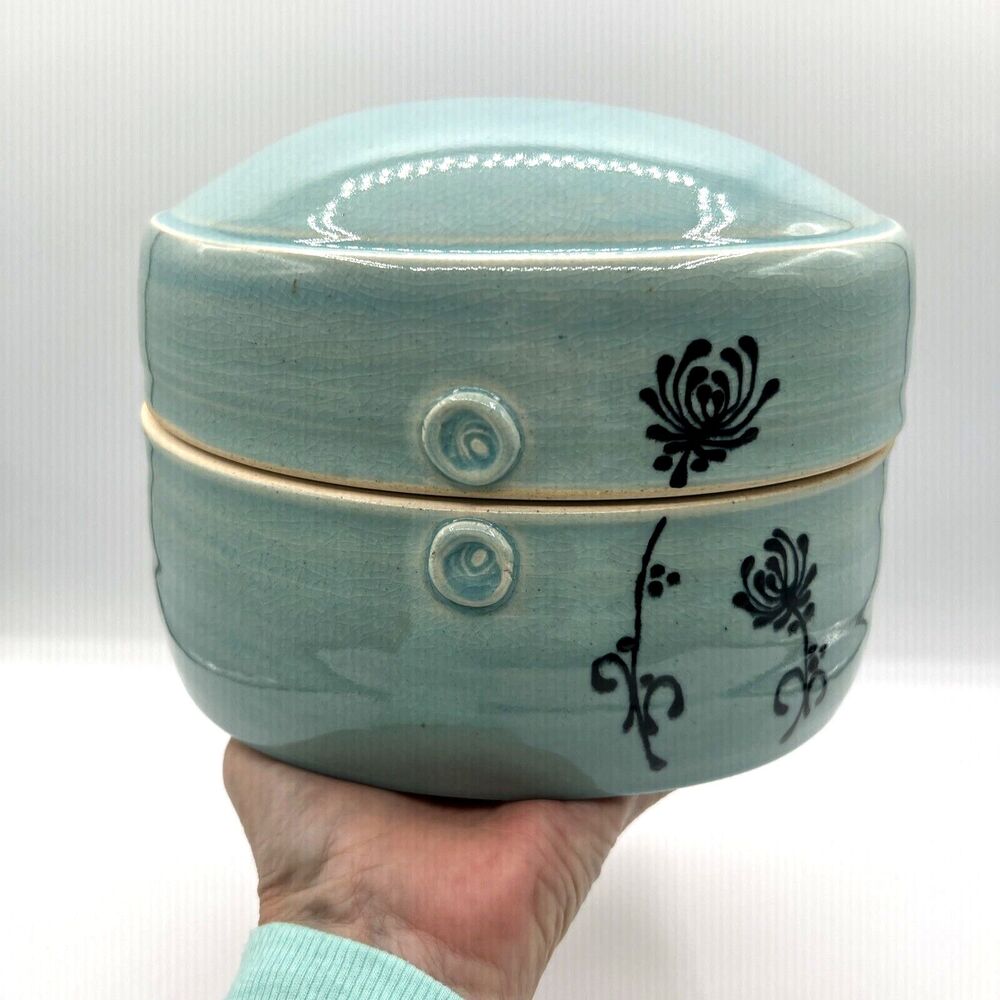 Covered Casserole Dish Oval Studio Art Pottery Aqua Blue Signed Marissa Unique